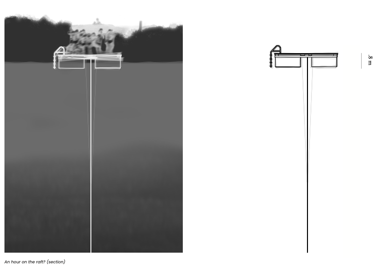 drawing of people on a raft in a lake